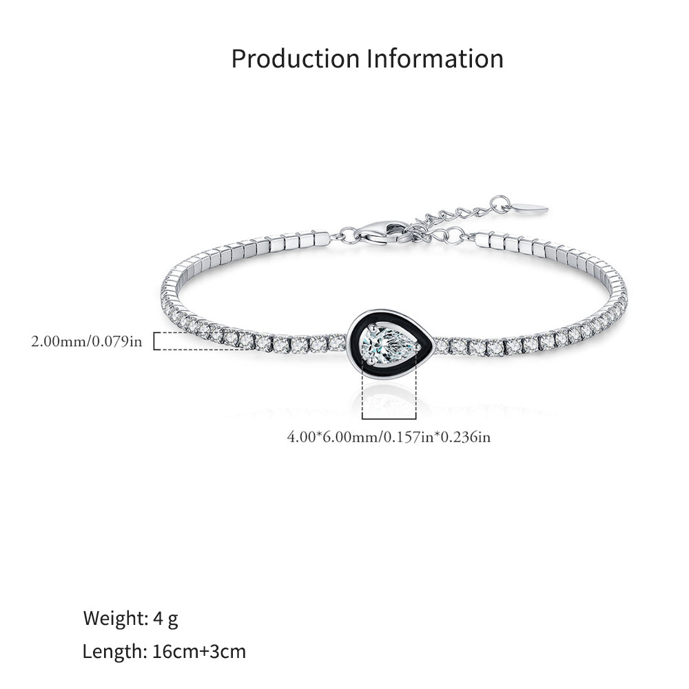 925 Sterling Silver Black Enamel Pear Cut Zircon Tennis Bracelet 100100236