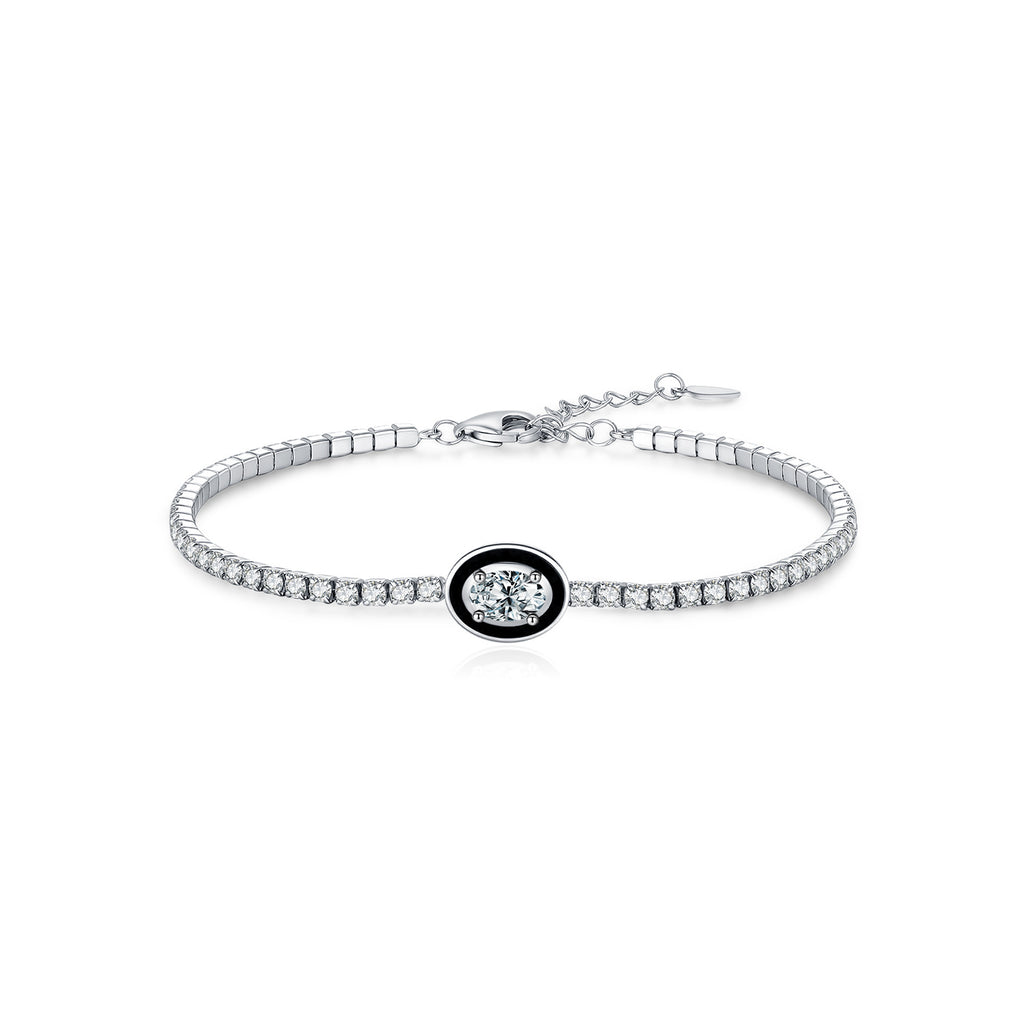 925 Sterling Silver Black Enamel Oval Cut Zircon Tennis Bracelet 100100237