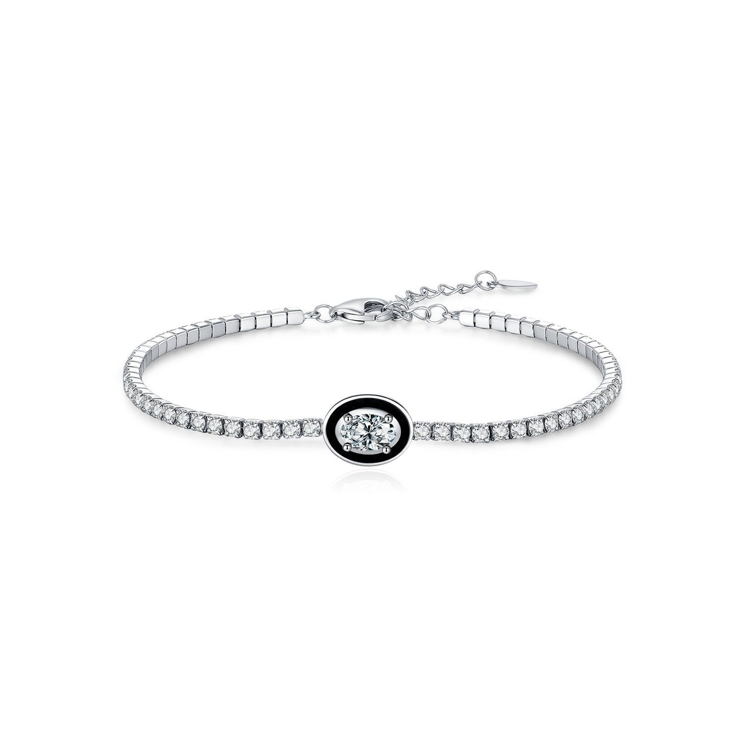 925 Sterling Silver Black Enamel Oval Cut Zircon Tennis Bracelet 100100237