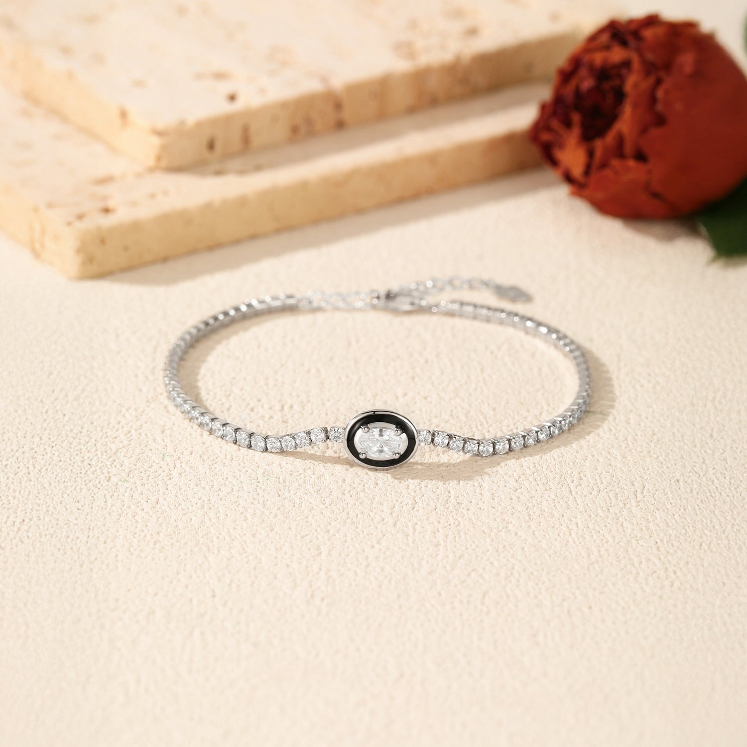 925 Sterling Silver Black Enamel Oval Cut Zircon Tennis Bracelet 100100237