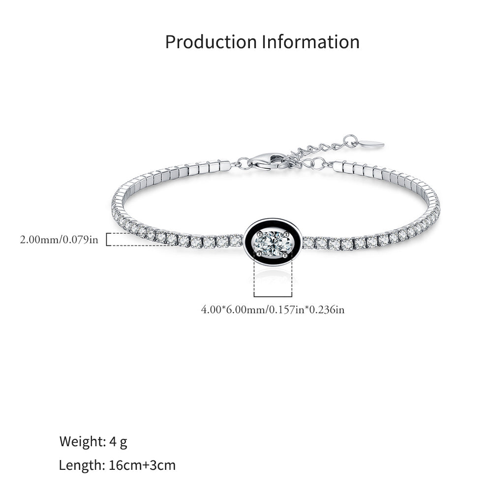 925 Sterling Silver Black Enamel Oval Cut Zircon Tennis Bracelet 100100237