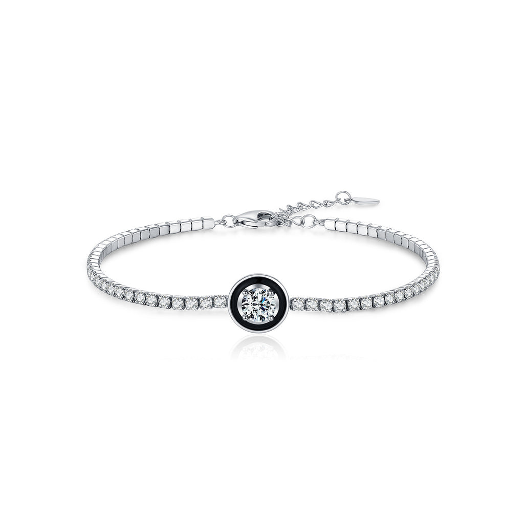 925 Sterling Silver Black Enamel Round Cut Zircon Tennis Bracelet 100100238