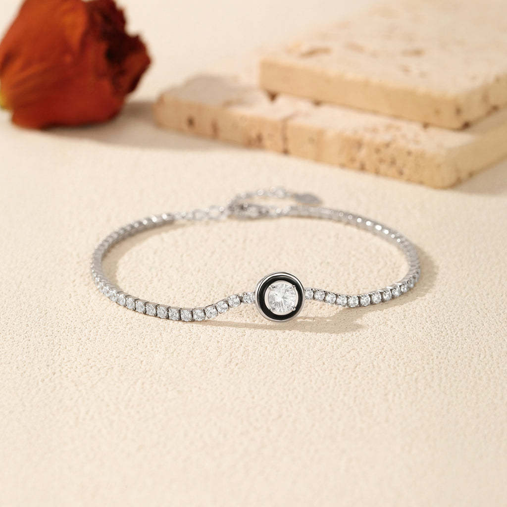 925 Sterling Silver Black Enamel Round Cut Zircon Tennis Bracelet 100100238