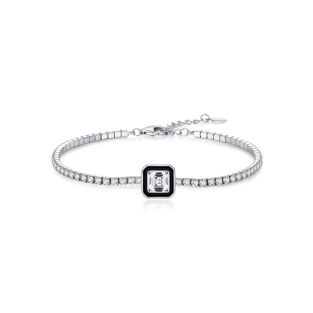 925 Sterling Silver Black Enamel Square Cut Zircon Tennis Bracelet 100100239