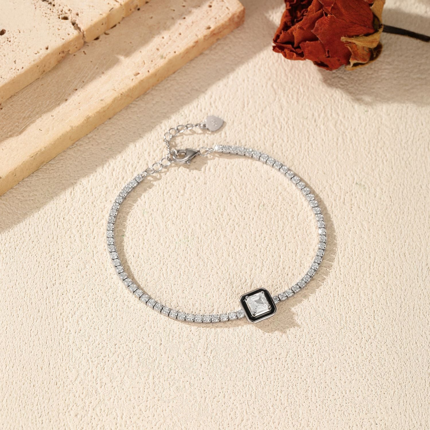 925 Sterling Silver Black Enamel Square Cut Zircon Tennis Bracelet 100100239