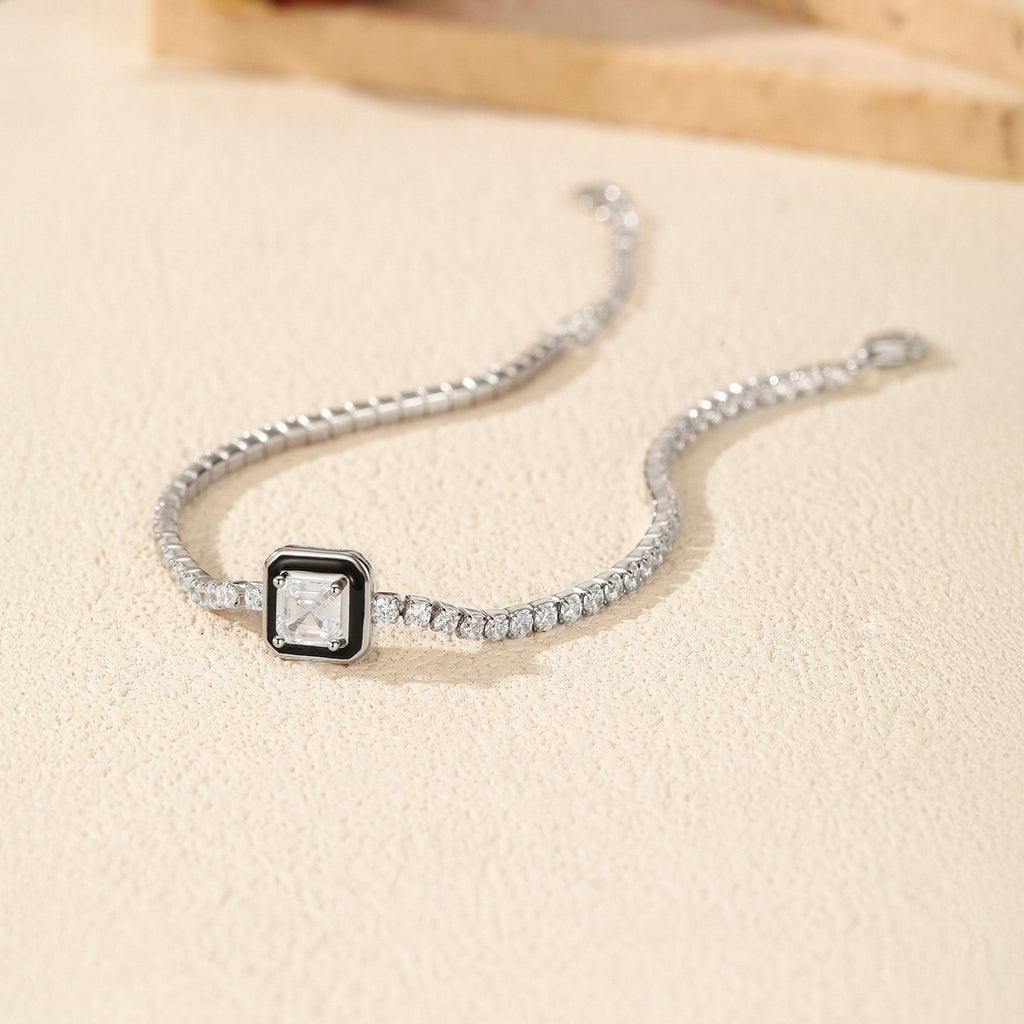 925 Sterling Silver Black Enamel Square Cut Zircon Tennis Bracelet 100100239