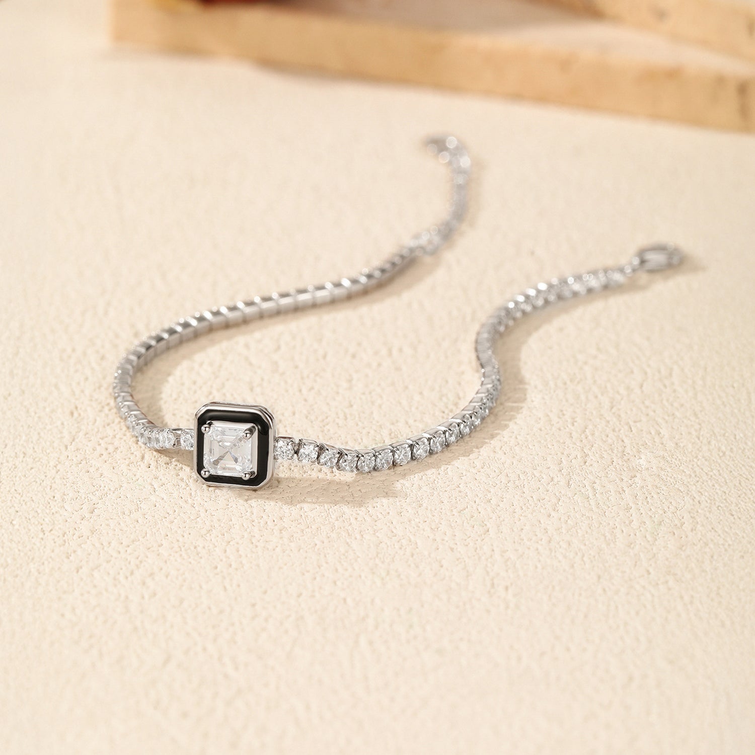 925 Sterling Silver Black Enamel Square Cut Zircon Tennis Bracelet 100100239