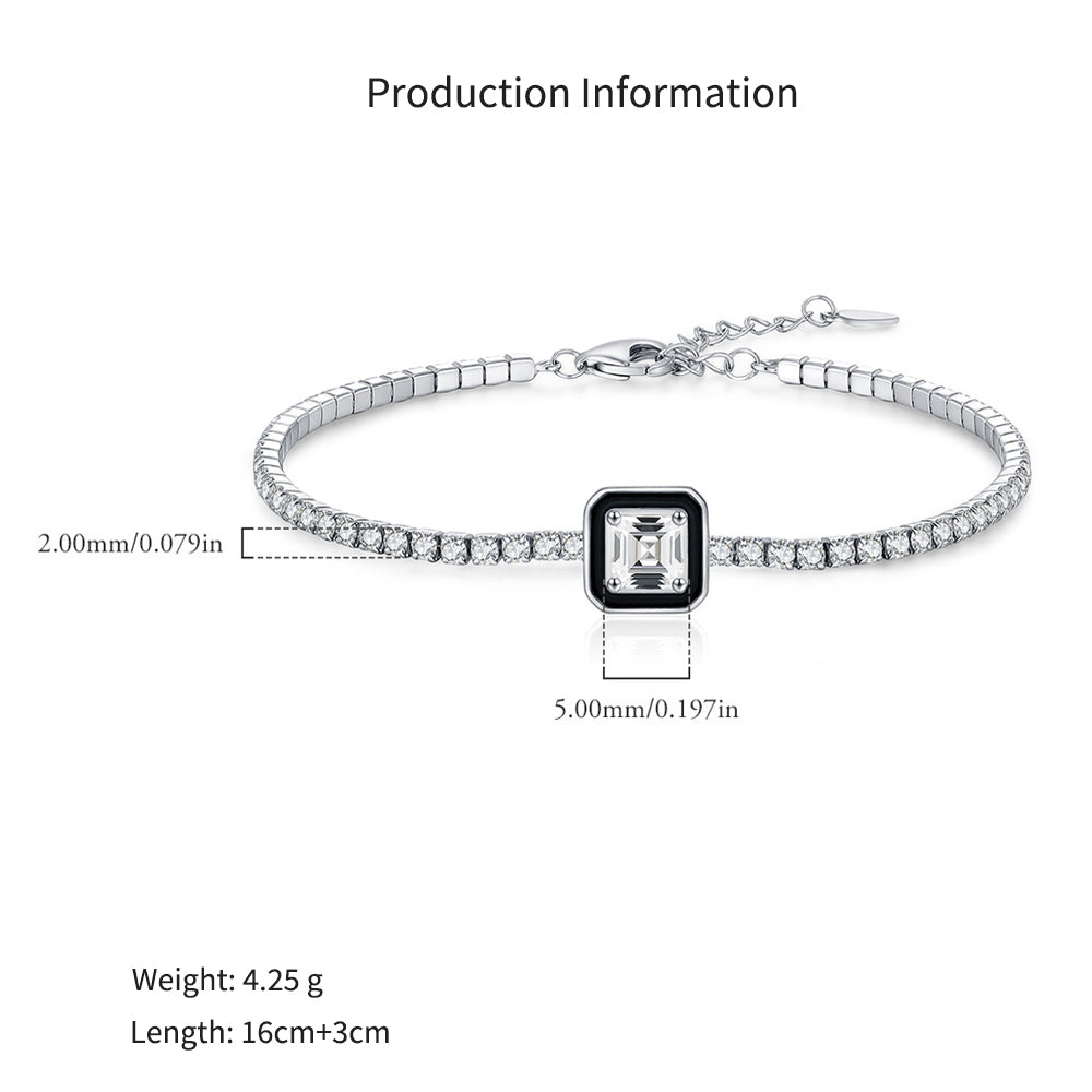 925 Sterling Silver Black Enamel Square Cut Zircon Tennis Bracelet 100100239