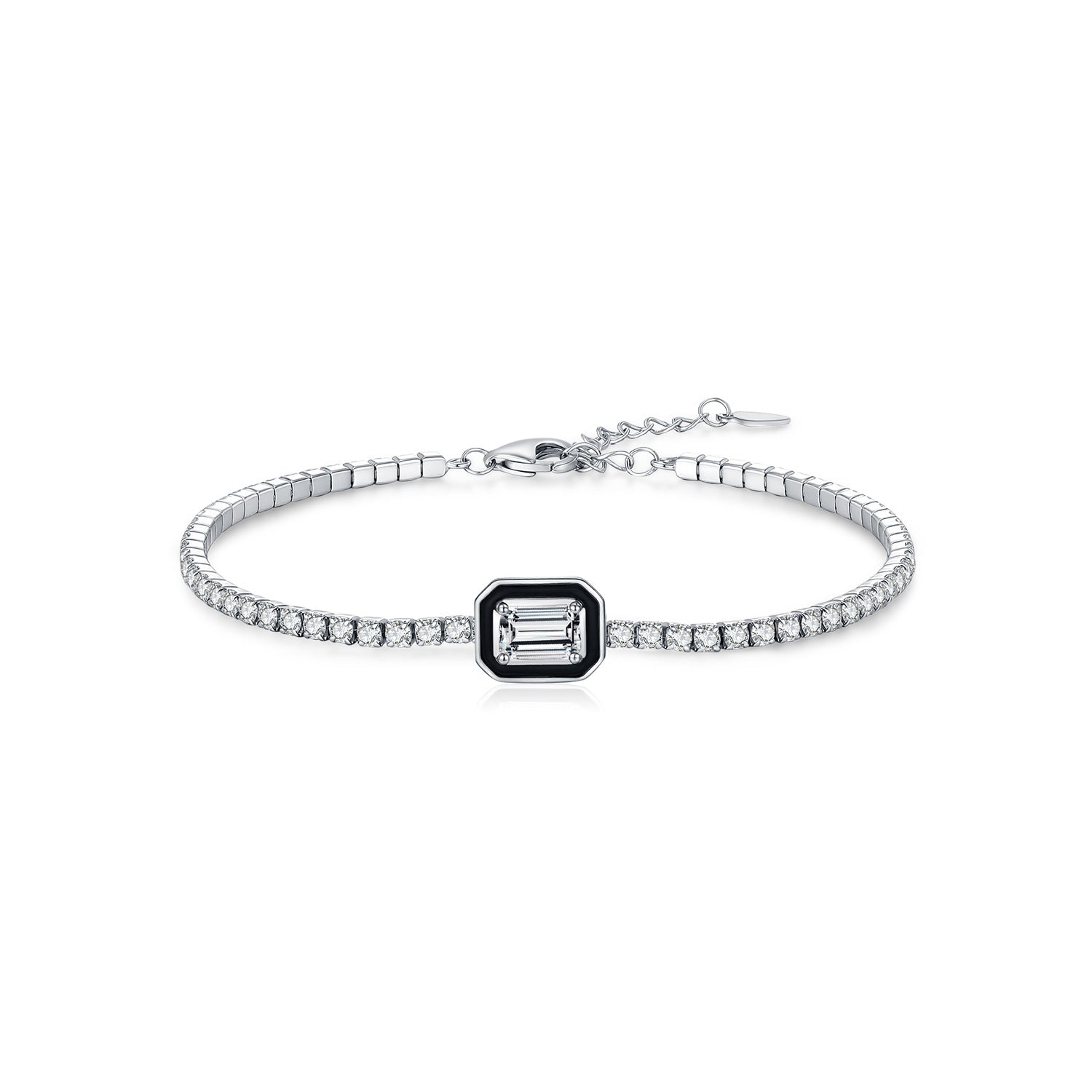 925 Sterling Silver Black Enamel Emerald Cut Zircon Tennis Bracelet 100100240