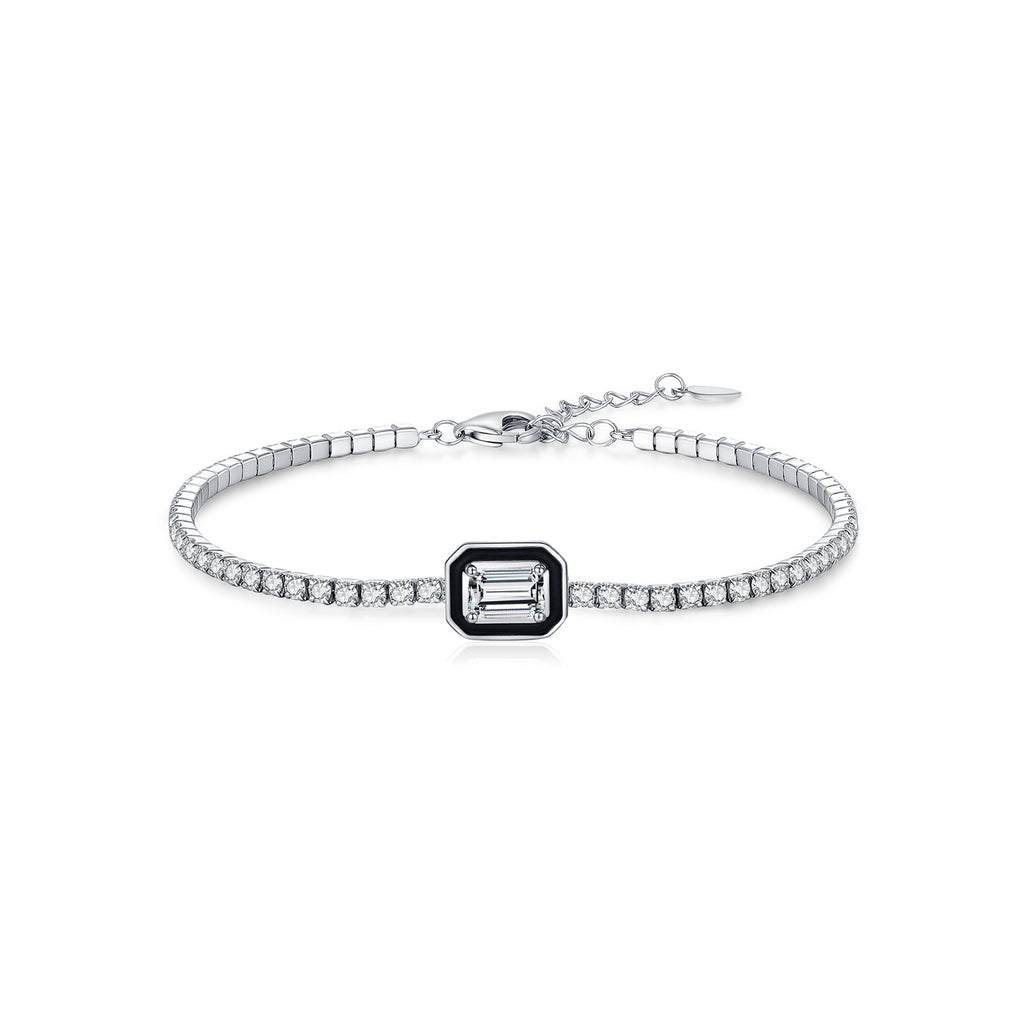 925 Sterling Silver Black Enamel Emerald Cut Zircon Tennis Bracelet 100100240