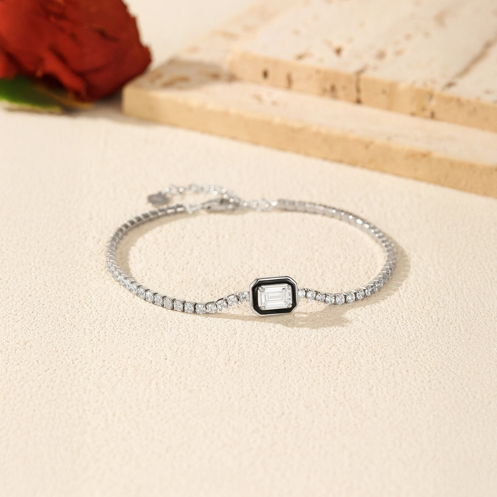 925 Sterling Silver Black Enamel Emerald Cut Zircon Tennis Bracelet 100100240