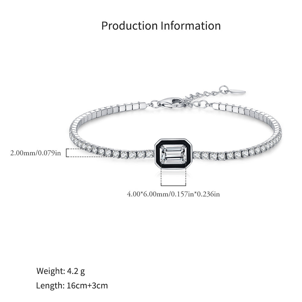 925 Sterling Silver Black Enamel Emerald Cut Zircon Tennis Bracelet 100100240