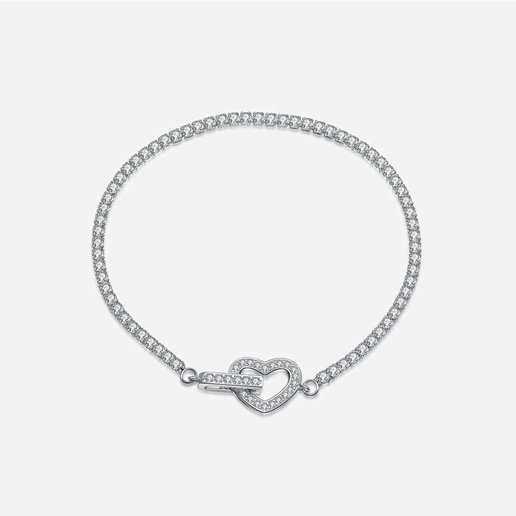 925 Sterling Silver CZ Tennis Chain Heart Toggle Bracelet 100100257