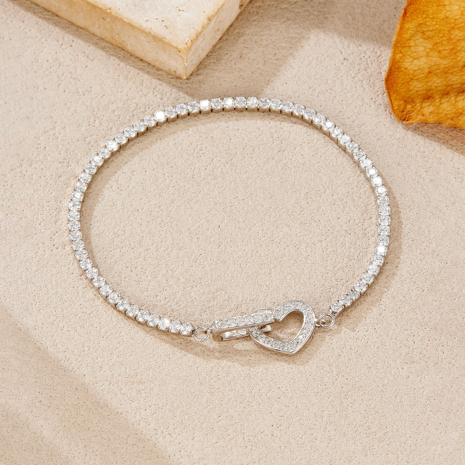 925 Sterling Silver CZ Tennis Chain Heart Toggle Bracelet 100100257