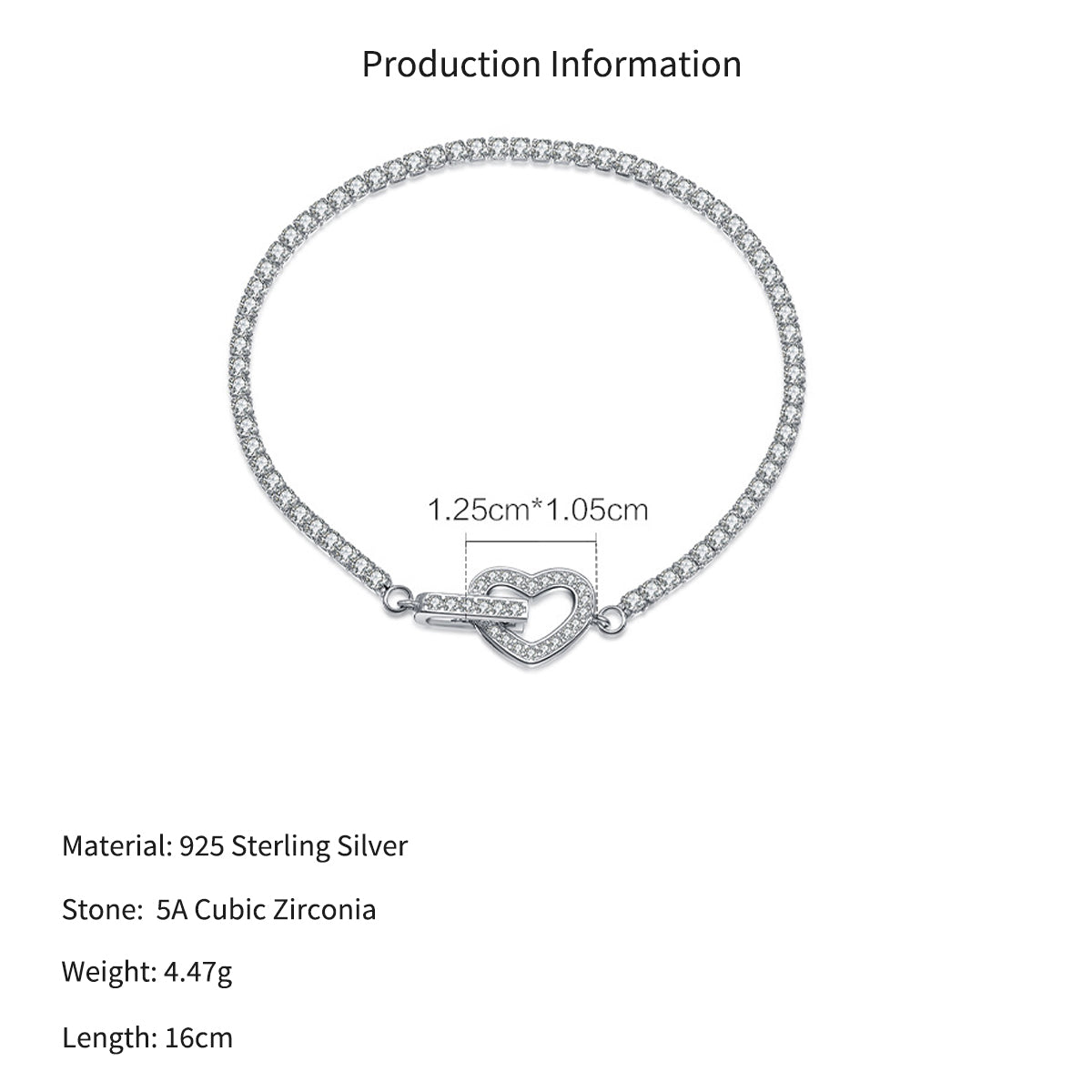 925 Sterling Silver CZ Tennis Chain Heart Toggle Bracelet 100100257
