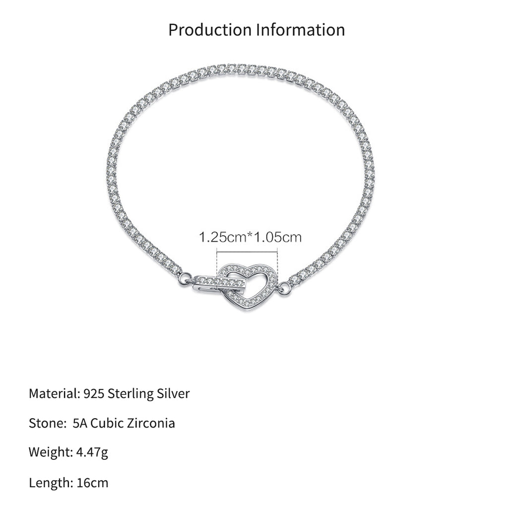 925 Sterling Silver CZ Tennis Chain Heart Toggle Bracelet 100100257