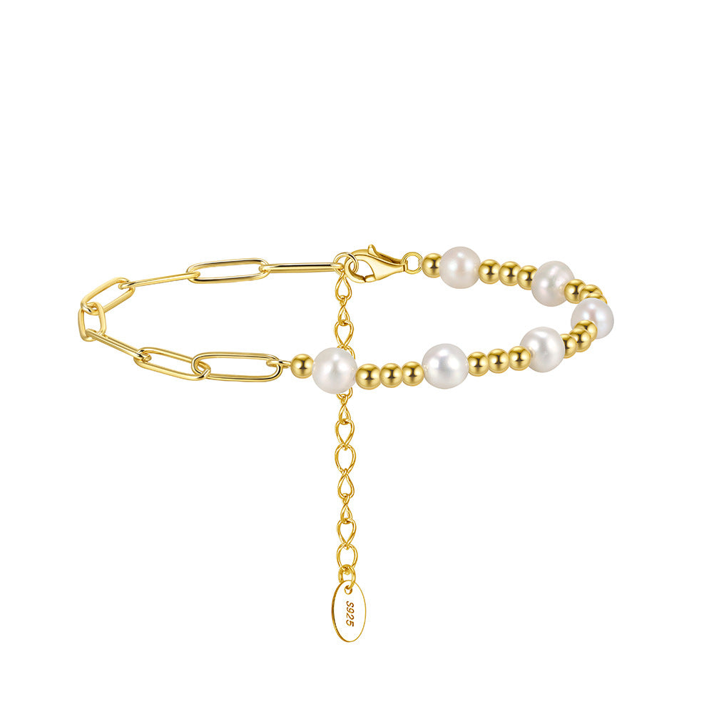 925 Sterling Silver Freshwater Pearl Paperclip Link Bracelet 100500052