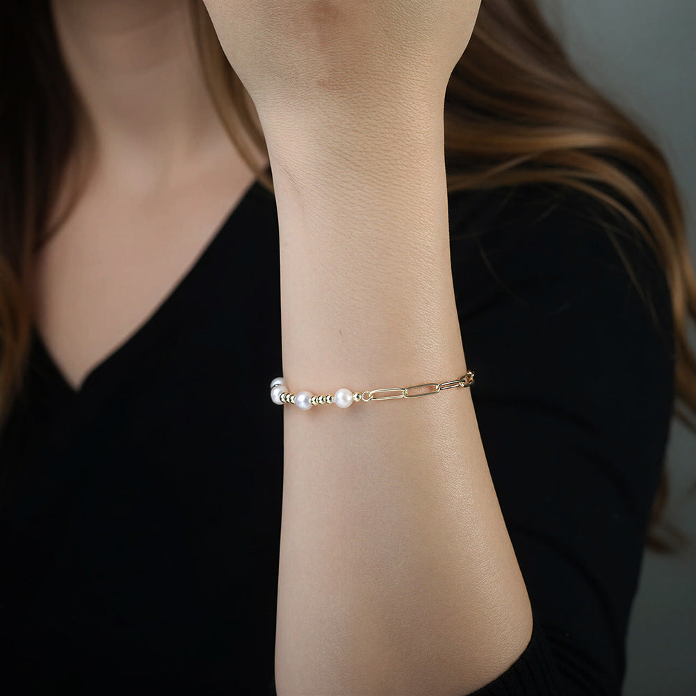 925 Sterling Silver Freshwater Pearl Paperclip Link Bracelet 100500052