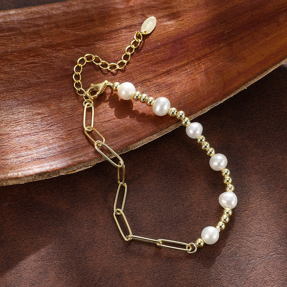 925 Sterling Silver Freshwater Pearl Paperclip Link Bracelet 100500052