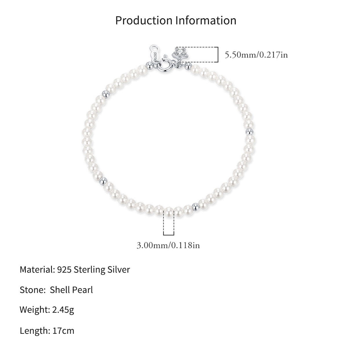 925 Sterling Silver Crystal Pearl Beaded Bracelet 100500055