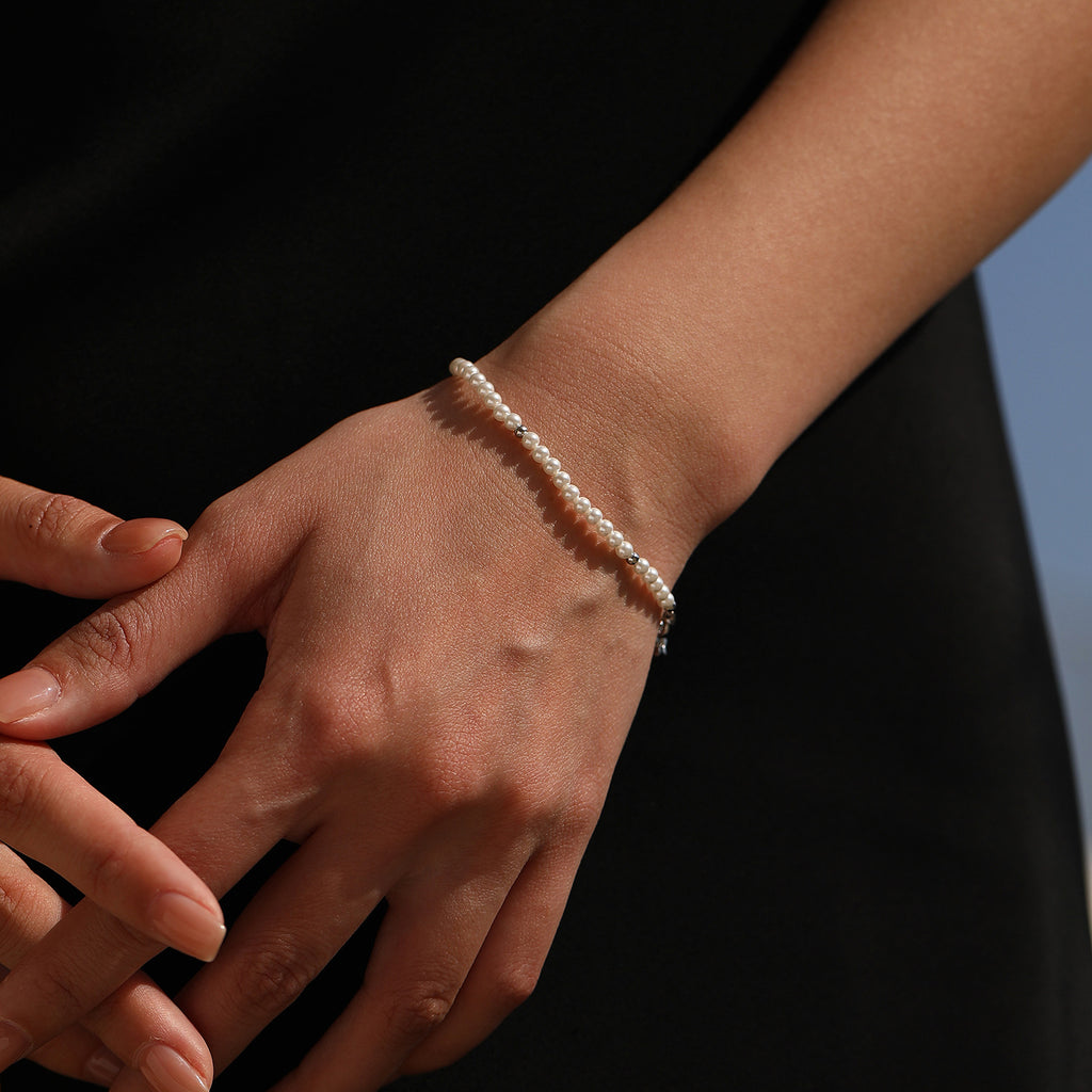 925 Sterling Silver Crystal Pearl Beaded Bracelet 100500055