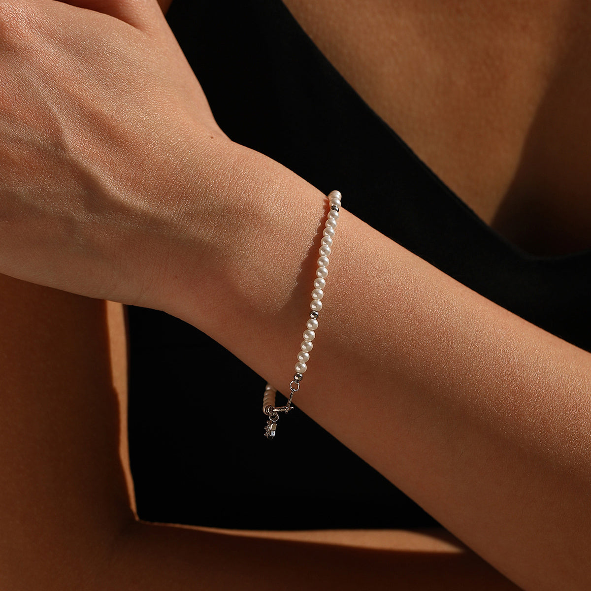 925 Sterling Silver Crystal Pearl Beaded Bracelet 100500055