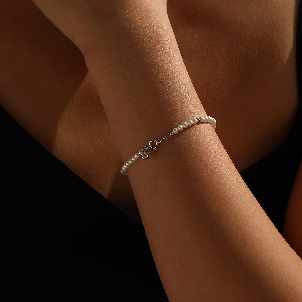 925 Sterling Silver Crystal Pearl Beaded Bracelet 100500055