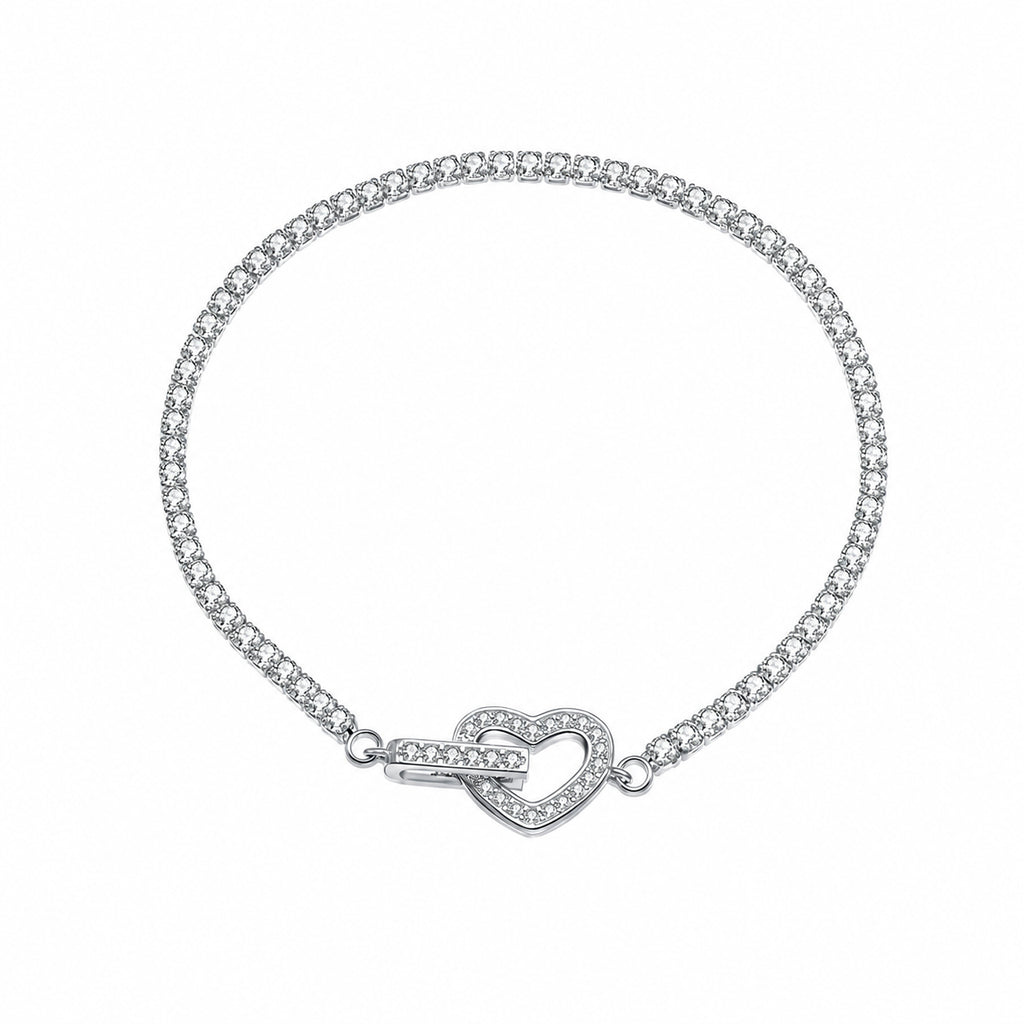 925 Sterling Silver CZ Tennis Chain Heart Toggle Bracelet 100100257