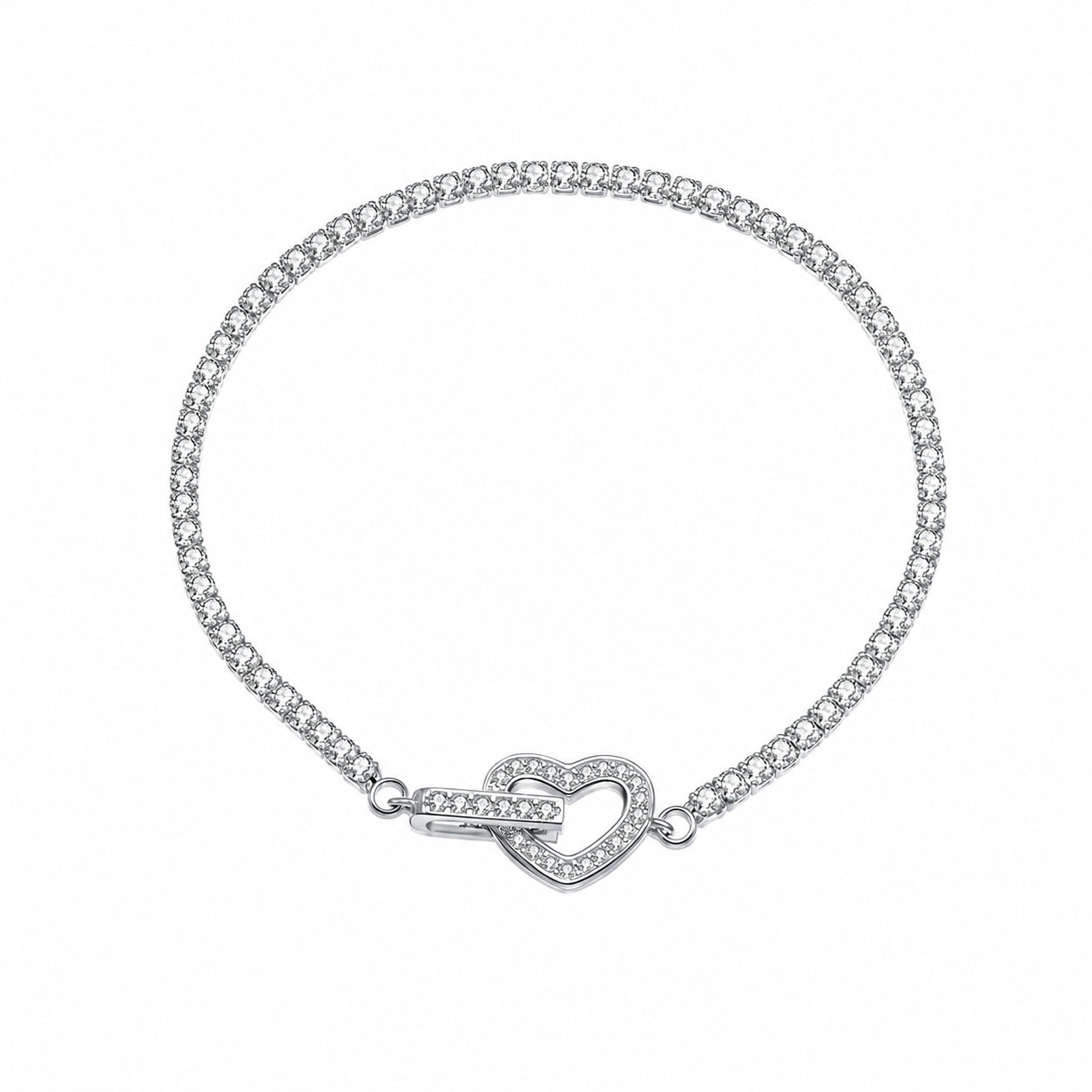 925 Sterling Silver CZ Tennis Chain Heart Toggle Bracelet 100100257