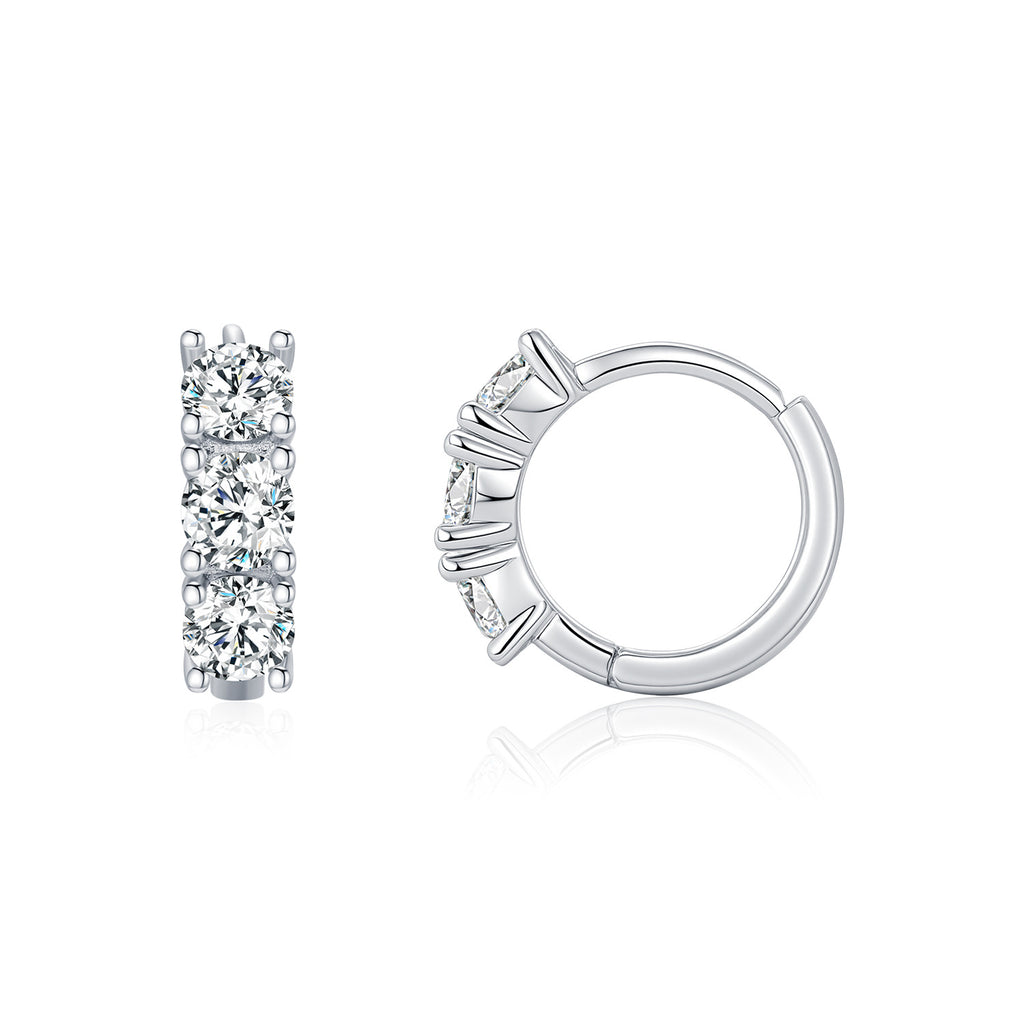925 Sterling Silver Three-Stone Moissanite Huggie Hoop Earrings 110100044