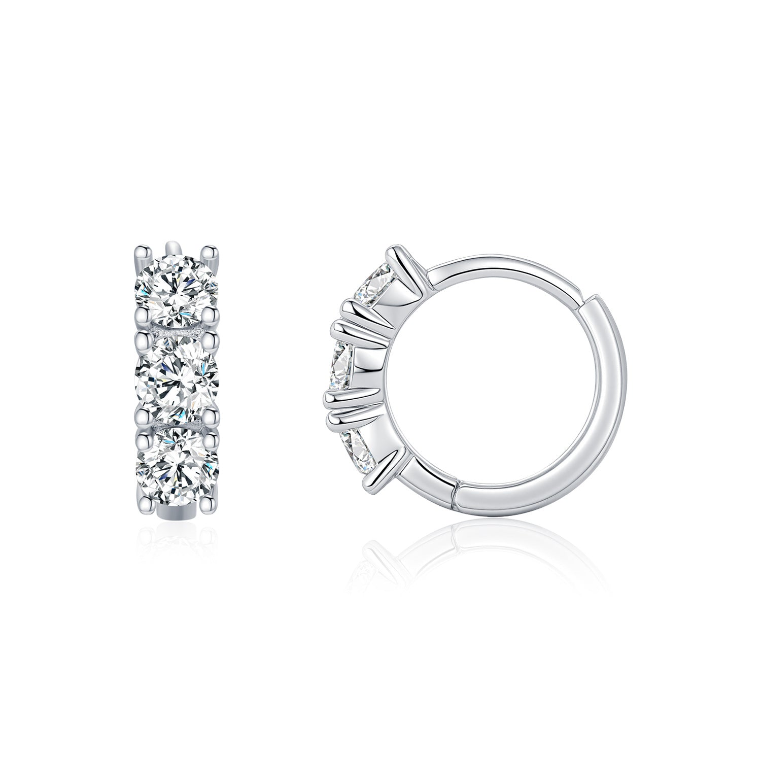 925 Sterling Silver Three-Stone Moissanite Huggie Hoop Earrings 110100044