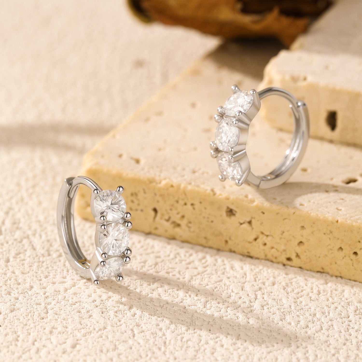 925 Sterling Silver Three-Stone Moissanite Huggie Hoop Earrings 110100044