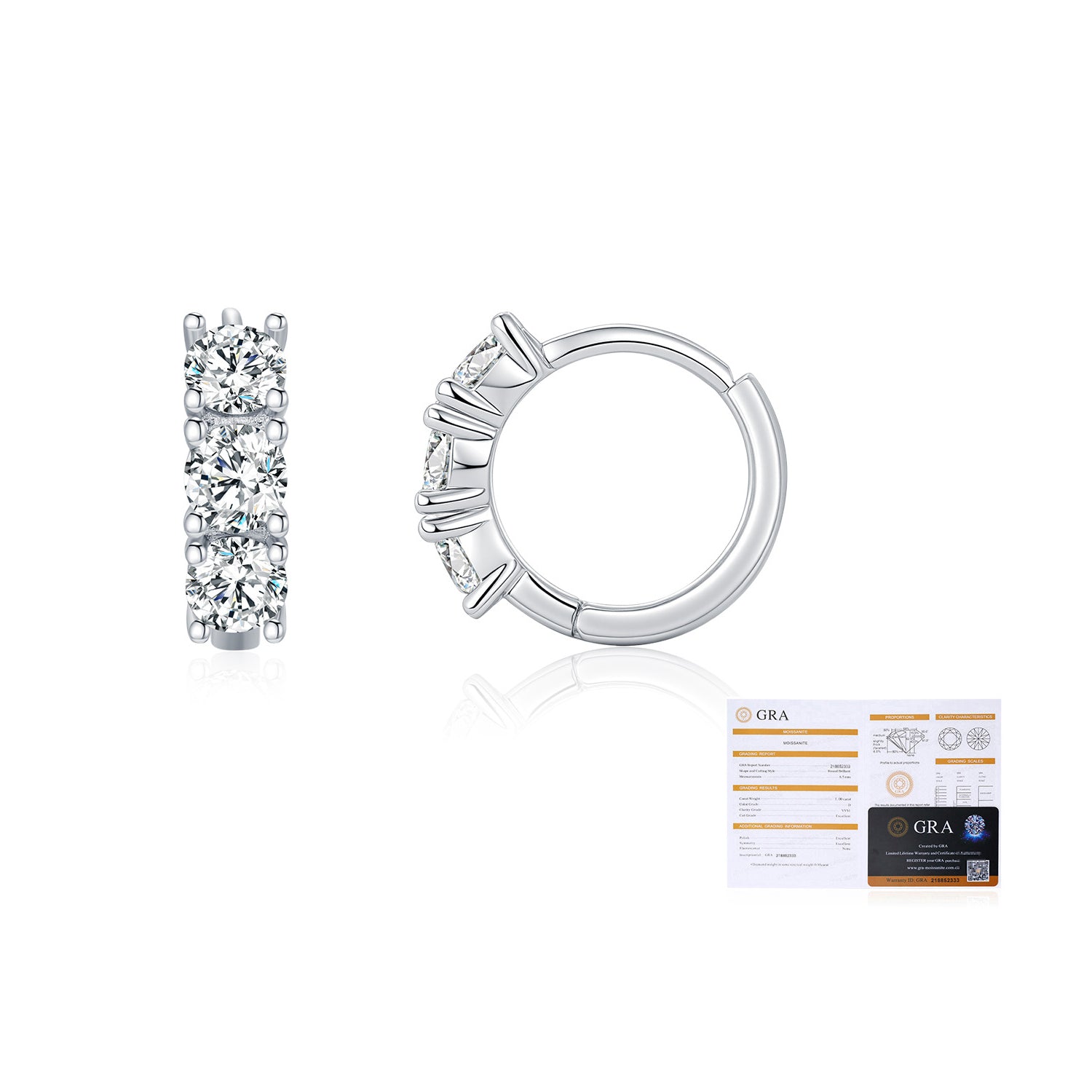 925 Sterling Silver Three-Stone Moissanite Huggie Hoop Earrings 110100044