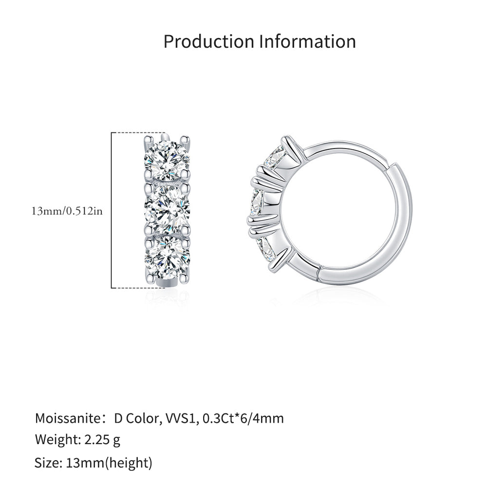 925 Sterling Silver Three-Stone Moissanite Huggie Hoop Earrings 110100044