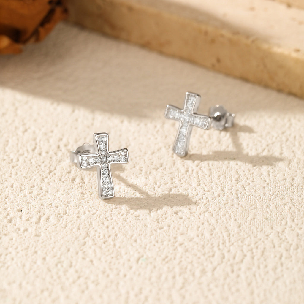 925 Sterling Silver Full Pavé Moissanite Cross Stud Earrings 110100050