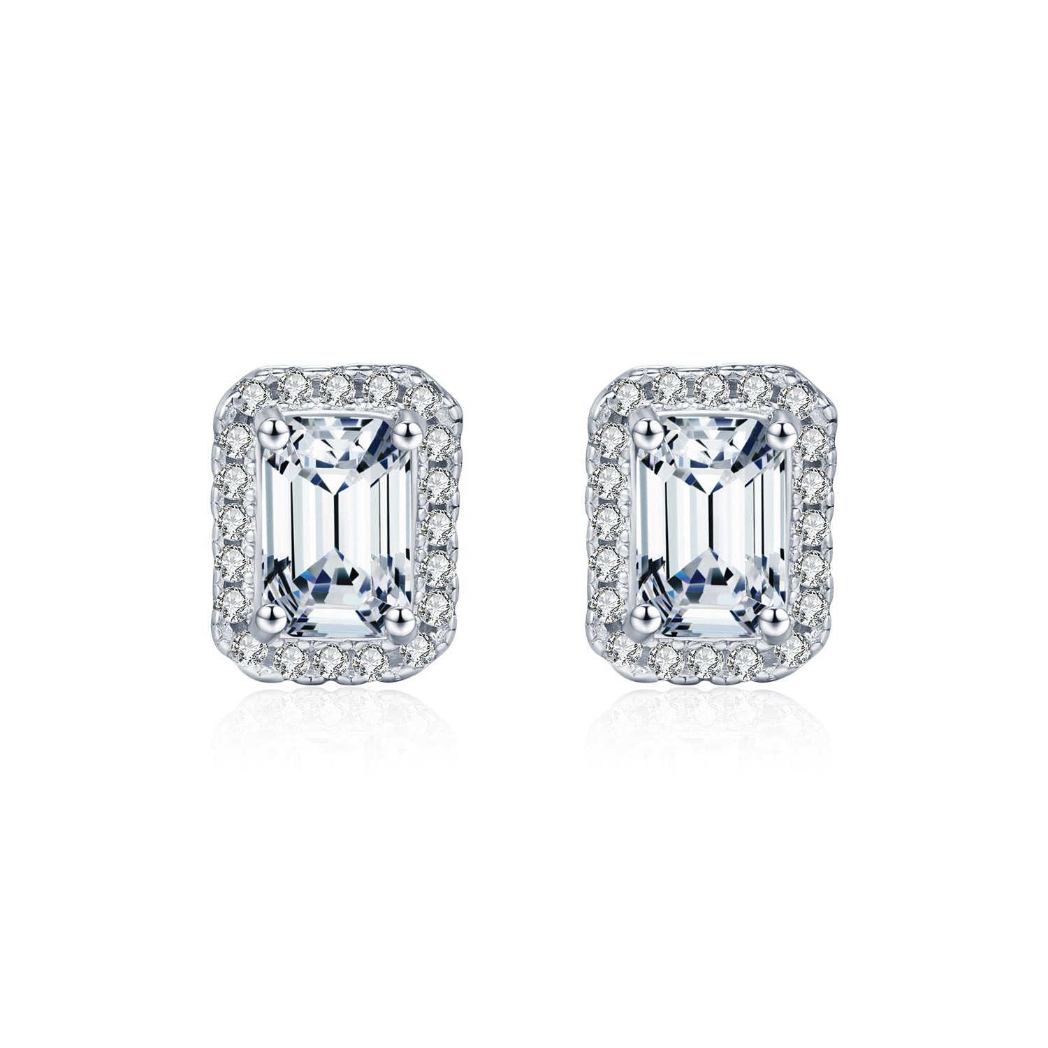 925 Sterling Silver Emerald Cut Moissanite Halo Stud Earrings 110100051