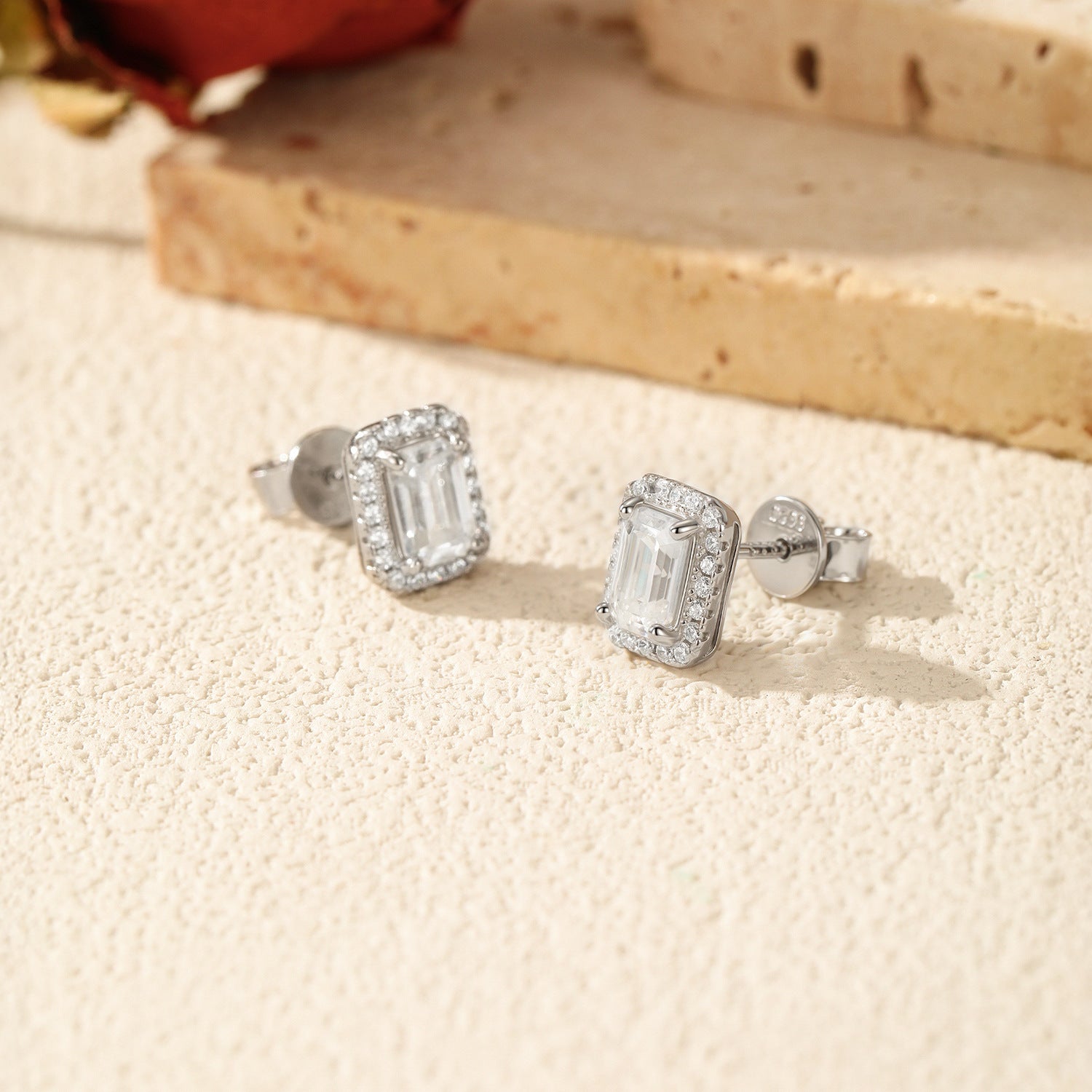 925 Sterling Silver Emerald Cut Moissanite Halo Stud Earrings 110100051