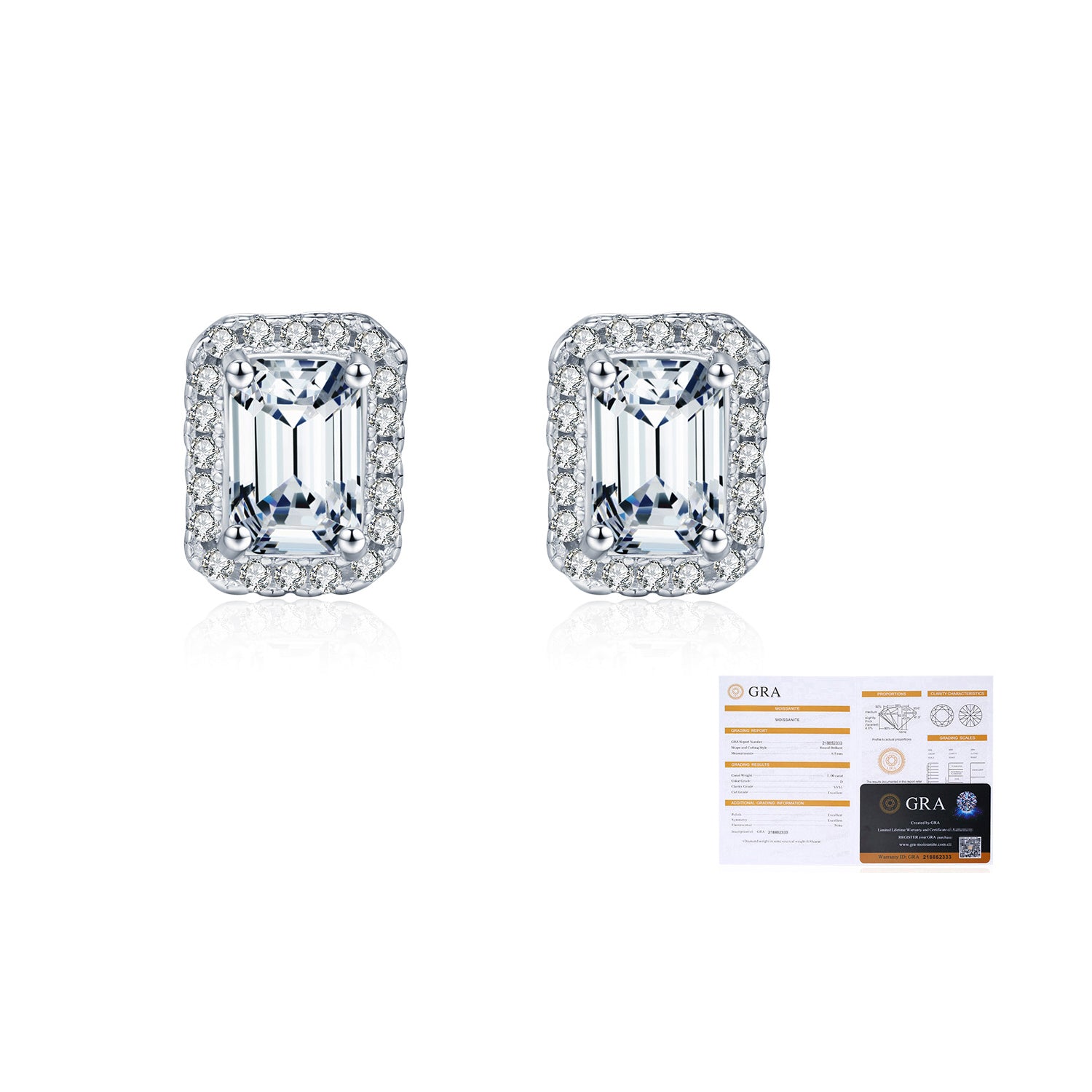 925 Sterling Silver Emerald Cut Moissanite Halo Stud Earrings 110100051