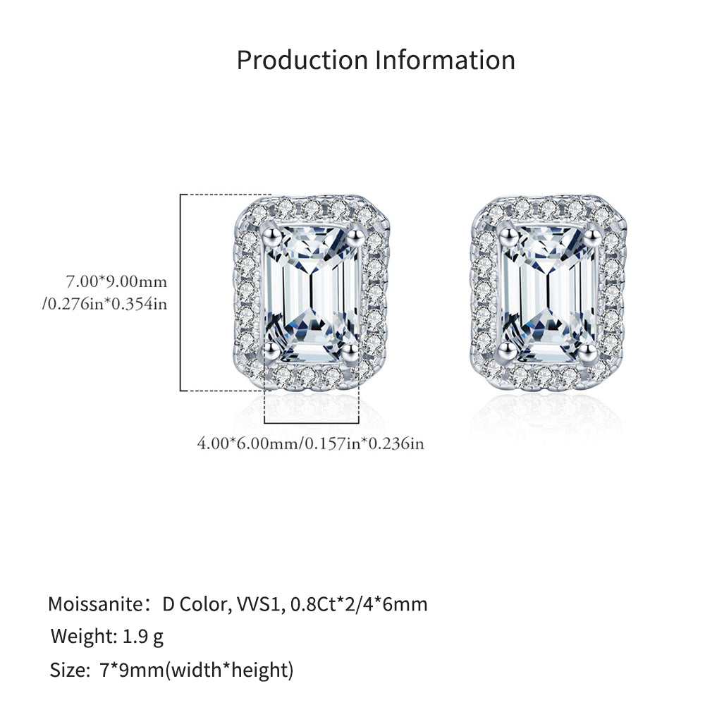 925 Sterling Silver Emerald Cut Moissanite Halo Stud Earrings 110100051