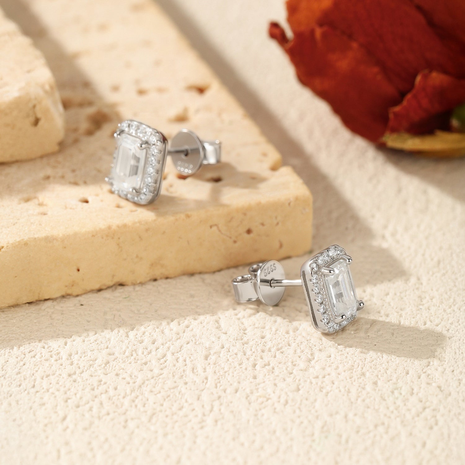 925 Sterling Silver Emerald Cut Moissanite Halo Stud Earrings 110100051