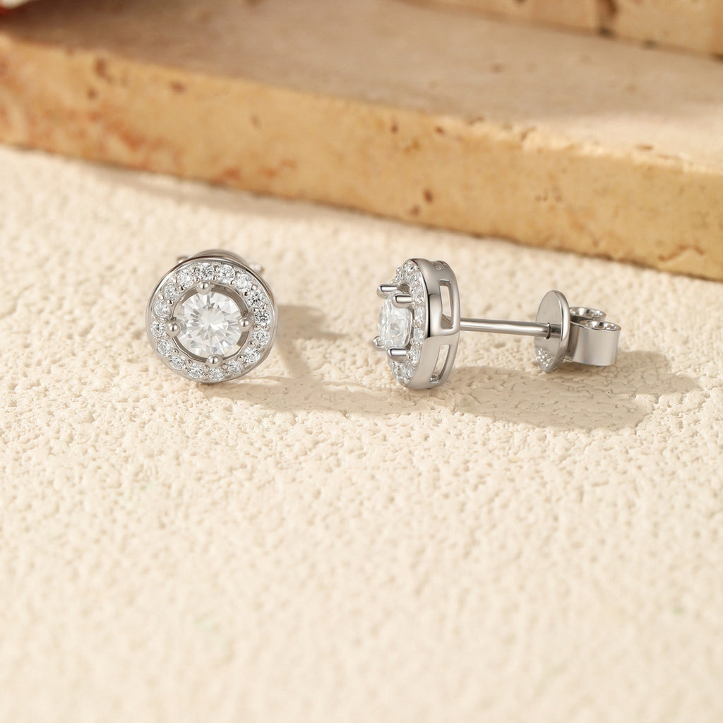 925 Sterling Silver Brilliant Moissanite Halo Stud Earrings 110100052