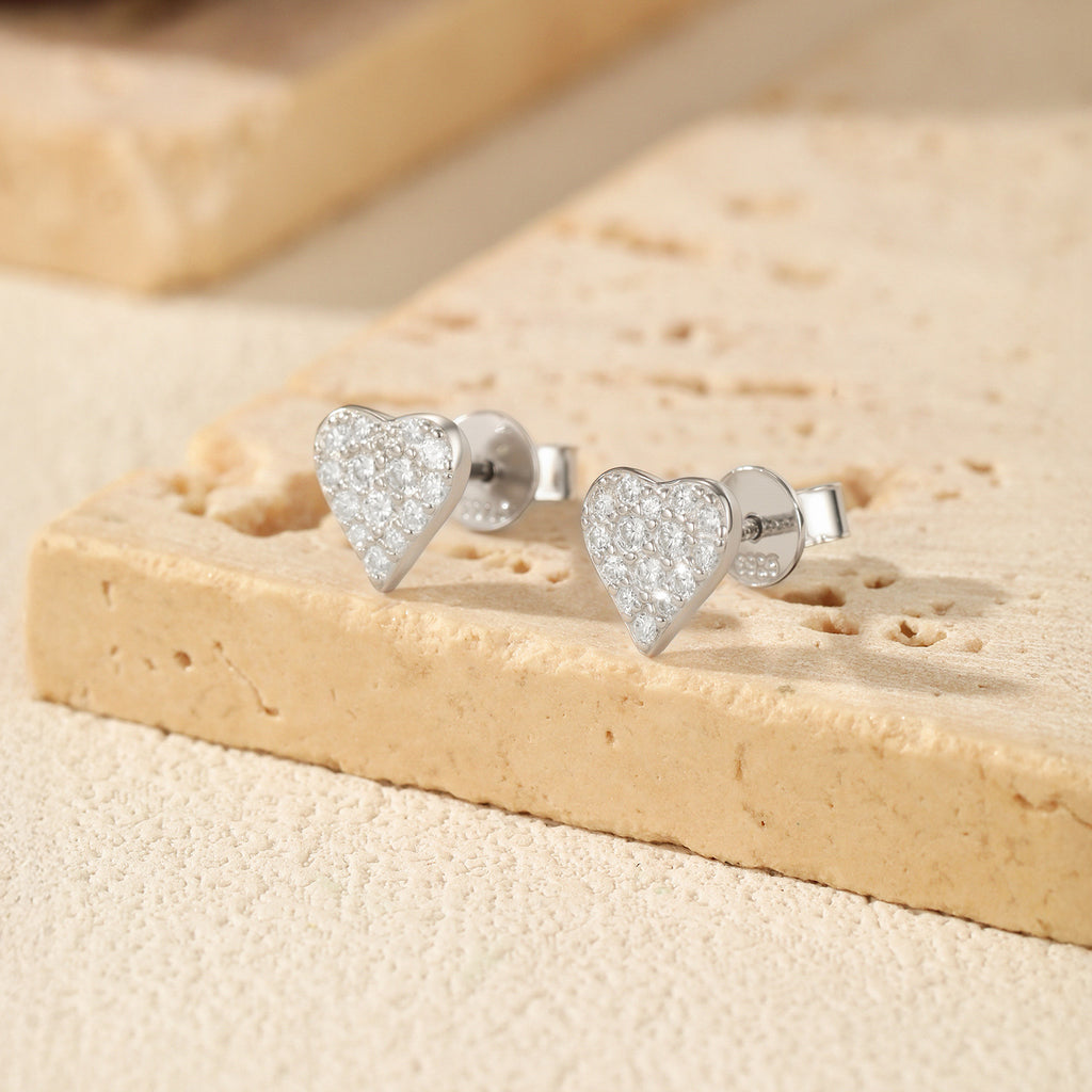925 Sterling Silver Full Pavé Moissanite Heart Stud Earrings 110100053