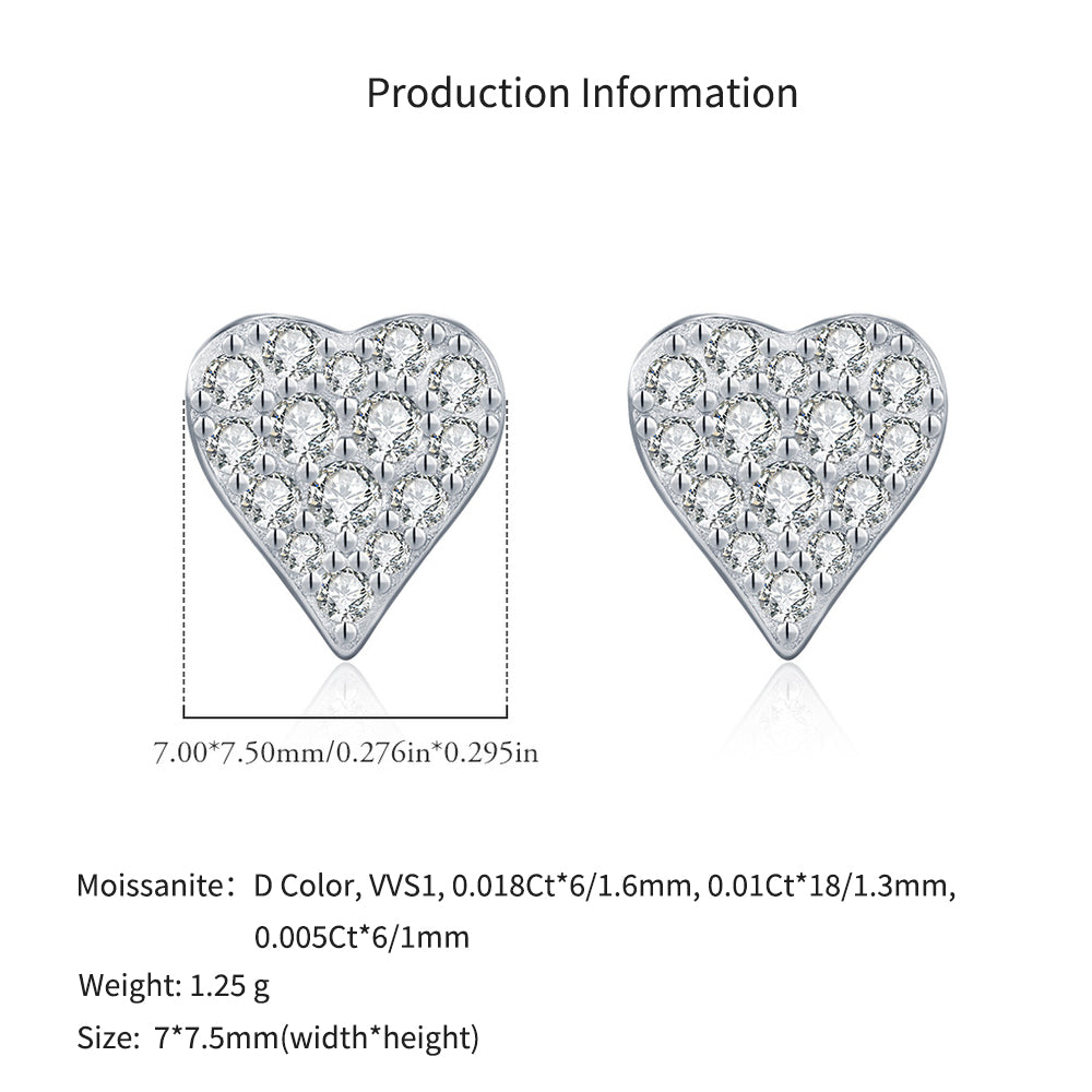 925 Sterling Silver Full Pavé Moissanite Heart Stud Earrings 110100053