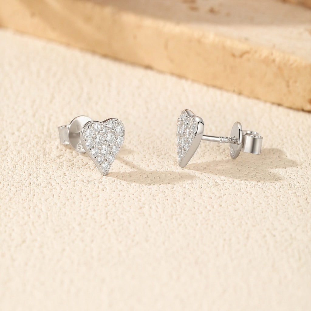 925 Sterling Silver Full Pavé Moissanite Heart Stud Earrings 110100053