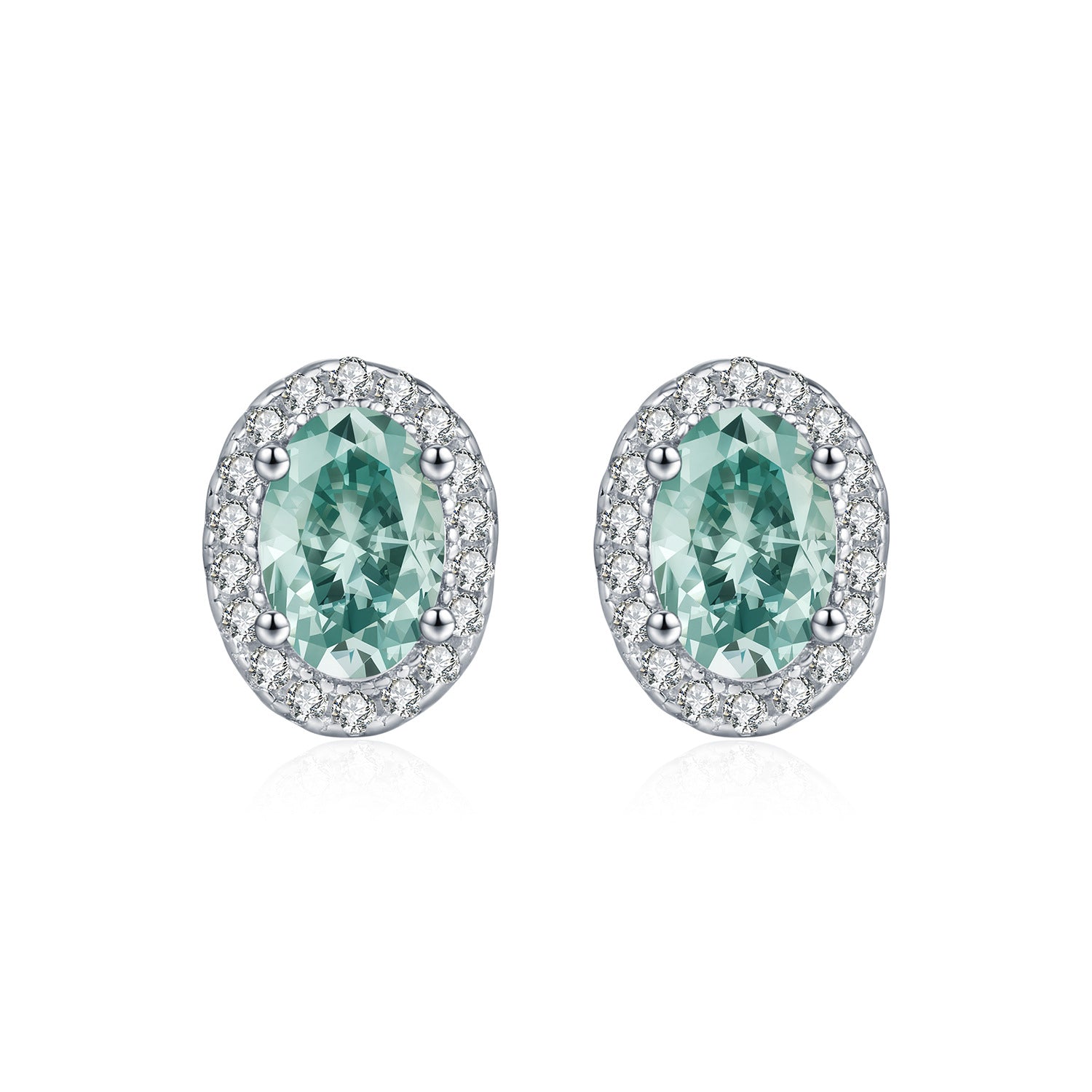 925 Sterling Silver Cyan Oval Moissanite Halo Stud Earrings 110100054