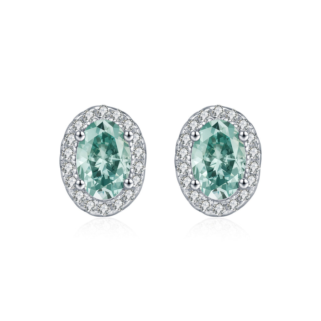 925 Sterling Silver Cyan Oval Moissanite Halo Stud Earrings 110100054