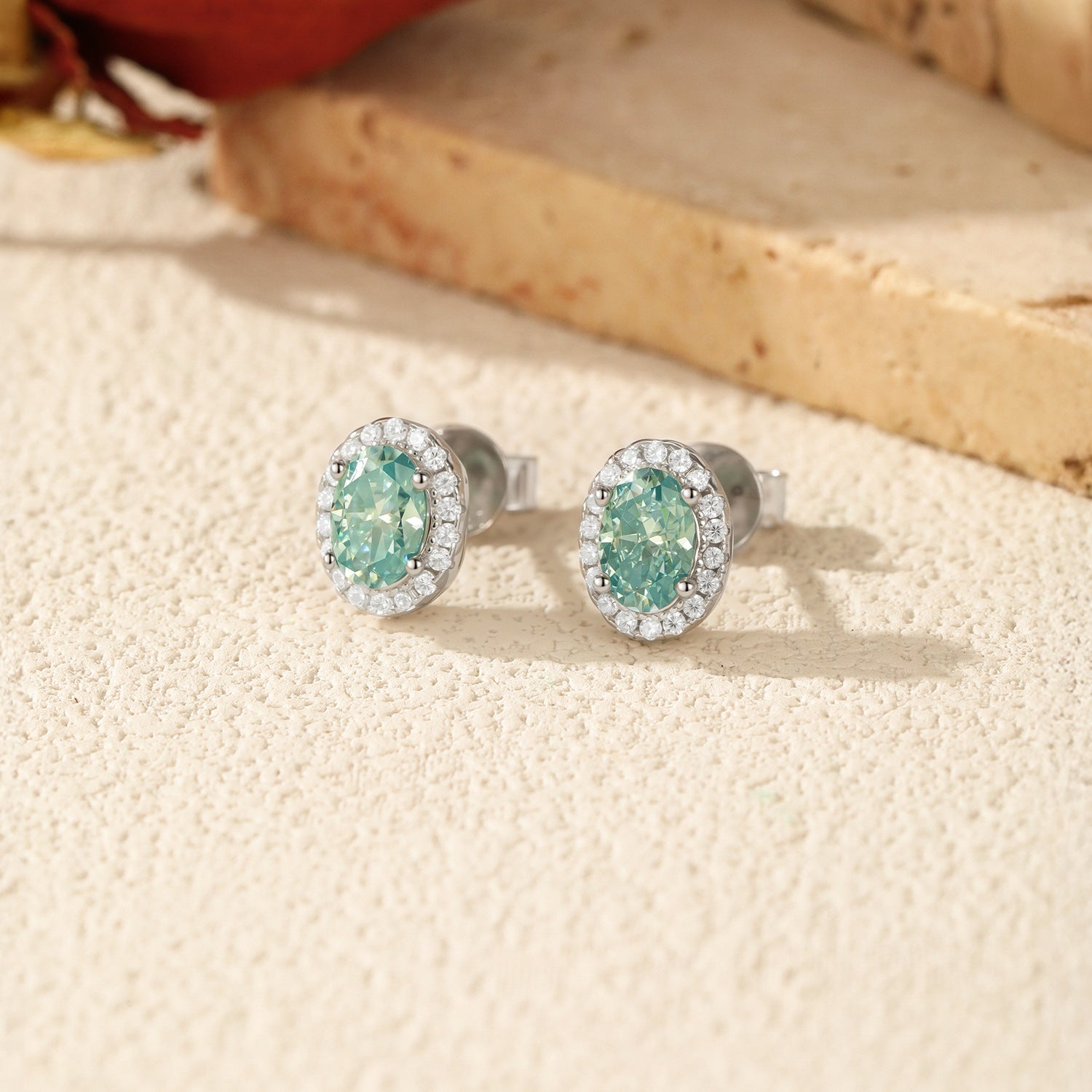 925 Sterling Silver Cyan Oval Moissanite Halo Stud Earrings 110100054