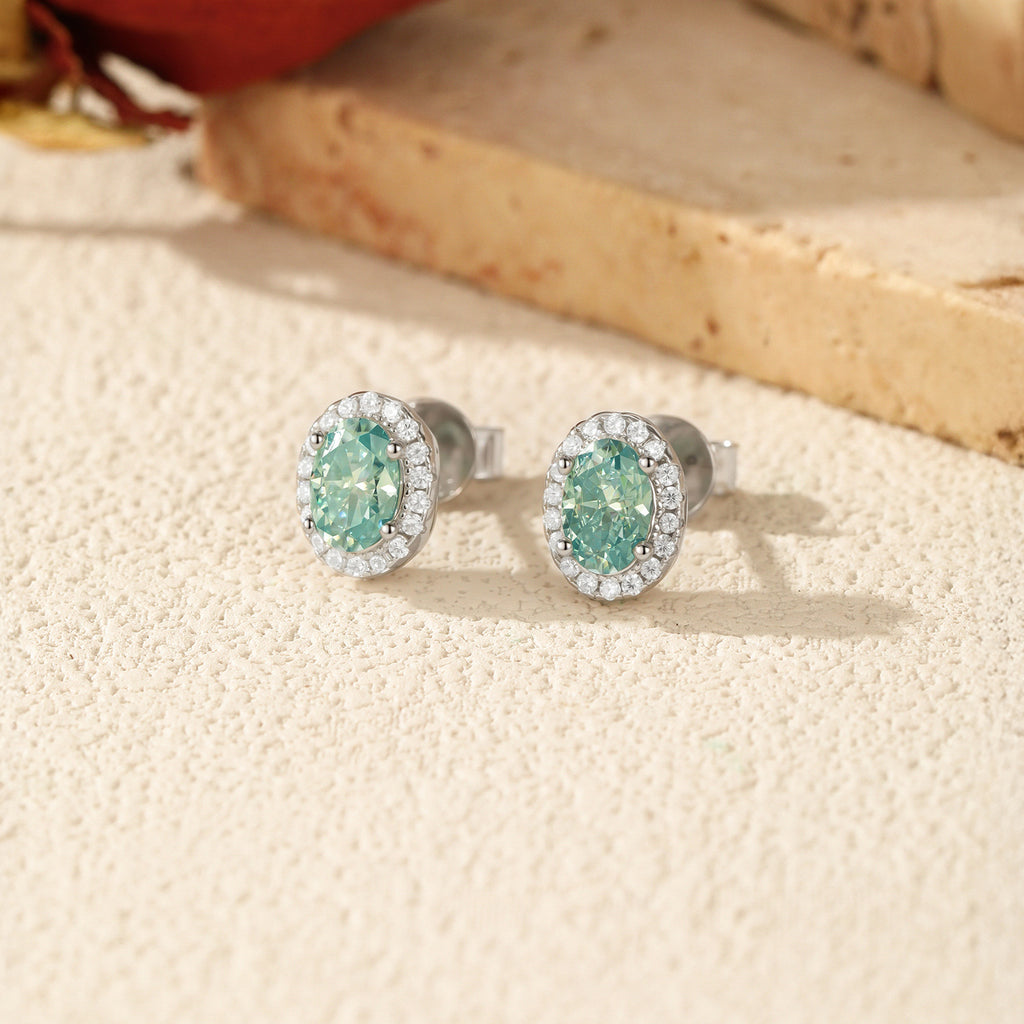 925 Sterling Silver Cyan Oval Moissanite Halo Stud Earrings 110100054