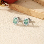 925 Sterling Silver Cyan Oval Moissanite Halo Stud Earrings 110100054