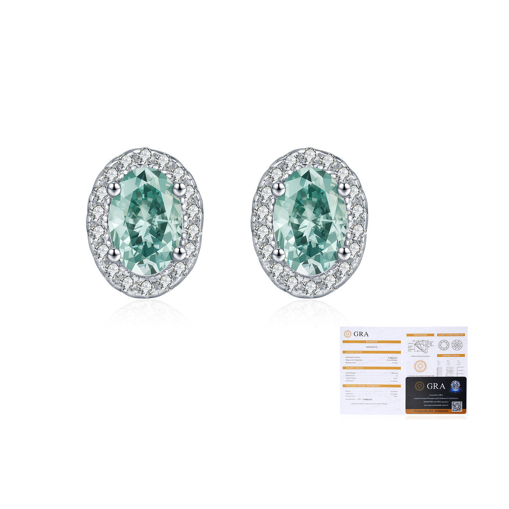 925 Sterling Silver Cyan Oval Moissanite Halo Stud Earrings 110100054